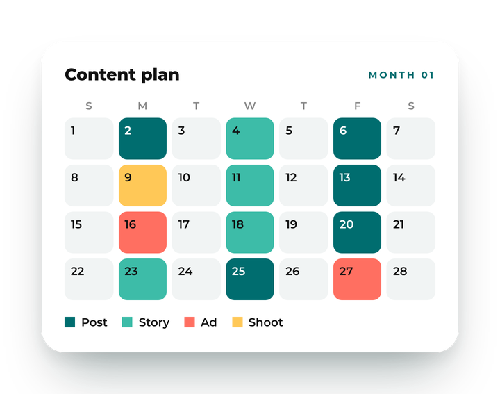 Example monthly content calendar with posts, stories, ads and shoots